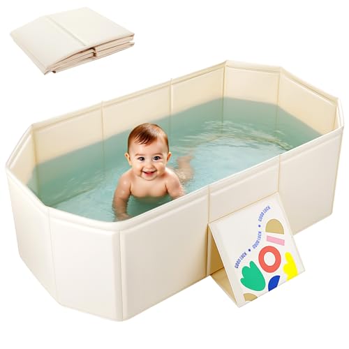 Jellybibo Bañera plegable para niños, portátil con tapón de drenaje y base antideslizante, grande para viajes familiares, beige