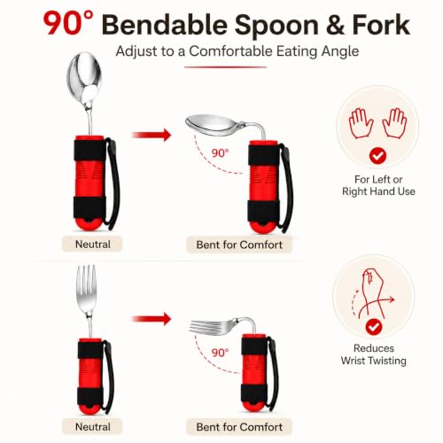 Bendable Adaptive Utensils 3-Piece Set, Parkinsons Fork Spoon Rocker Knife, Adjustable Angle Securing Strap, Built Up Easy Grip Handle, One Handed Eating Aids for Tremors Arthritis Elderly by Lorveelo - Used condition - Image 3
