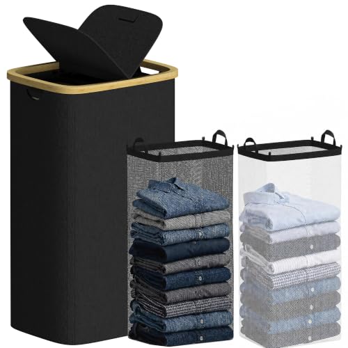 efluky Double Laundry Hamper with Lid and 2 Removable Bags, Black
