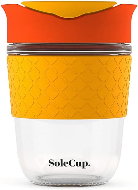 SoleCup. - Reusable Strengthened Glass Travel Cup - Spill Proof Insulated Coffee Mug - 12oz/340ml BPA-Free Hot Drink Travel Mug with Lid & Silicone Band (Red, 12oz)