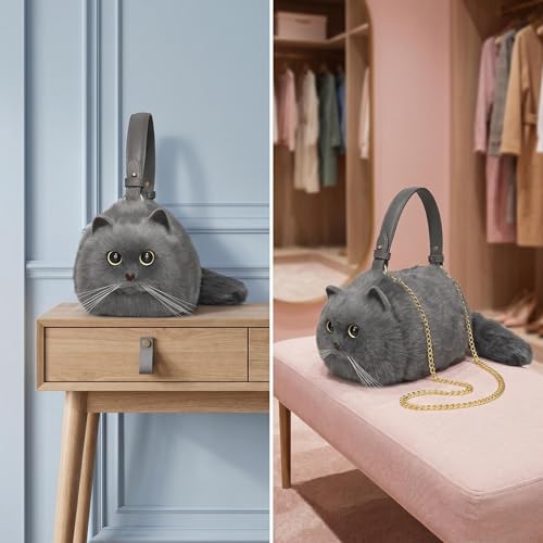 Image of Realistic Puffy Plush Cat Shaped Crossbody Handbag for Women