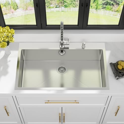 Image of Kichae 36 Drop In Kitchen Sink - Stainless Steel Sinks 36 x 22 Inch Topmount Overmount Single Bowl Handmade Basin with Accessories