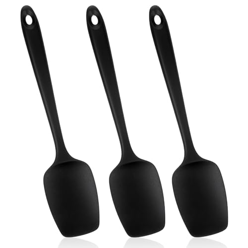 3 PcsHeat Resistant Silicone Spoon Spatulas, 600°F High Temp Flexible Cooking Spoons Kitchen Spoonula Scratch-Proof for Mixing Stirring Scraping Serving Non-Stick Cookware, Black