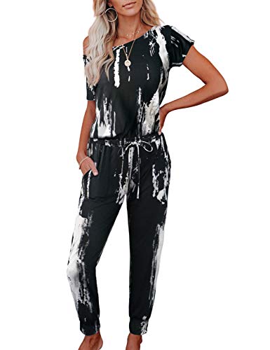 Saslax Womens Tie Dye Jumpsuits Casual Shortsleeves Crew Neck Elastic Drawstring Waist Beam Foot Stretchy Long Pants Romper with Pockets Black-White Large