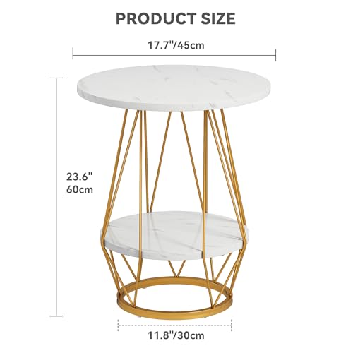 DWVO 2PCS Gold End Table, Modern Round Side Table with 2-Tier Storage Sheld, Small Sofa Table Coffee Table with Faux Marble Top for Living Room, Bedroom, White & Gold