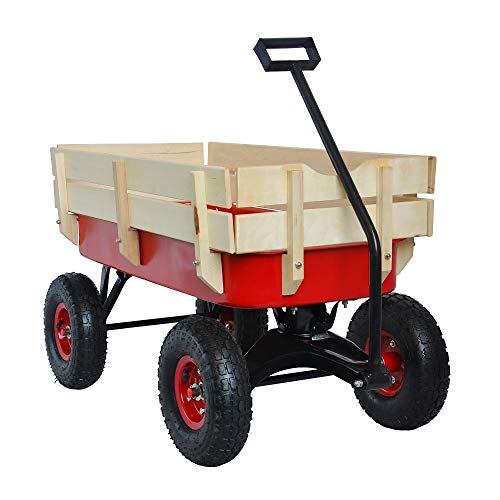 ZeHuoGe Outdoor Sport Wagon All Terrain Pulling w/Removable Wooden Side Panels Air Tires Big Foot Panel Wagon 330 lbs. Weight Capacity Sturdy All Steel Wagon Bed