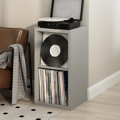 Image of Furinno Cubicle Record Player Stand, 2-Cube Record Storage, Light Grey | Vinyl Storage, 1.2 inchInch Extra Thick, Open Back Media Shelf for CD DVD Bluray Game Disc, for Living Room, Home Office