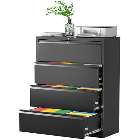 Pataku 4 Drawer File Cabinet with Lock, Metal Lateral File Cabinets for Home Office 4 Drawer, 4 Drawer Locking Filling Cabinets for Hanging Files Letter/Legal/F4/A4 Size (Blcak-4 Drawer) Cover