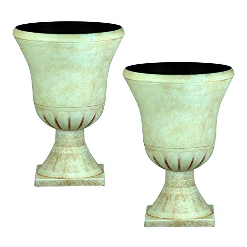 Image of Pompeii Tall Plastic Urn Planter & Base - Beige, Set of 2-58cm (H) x 40cm (Dia) - Suitable for Indoor of Outdoor Use.