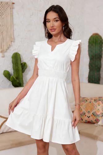 Image of Jayscreate Women's Ruffle Sleeve Layered Dress Pockets Elastic Waist 2025 V Neck Above Knee Summer Casual Cute Dress