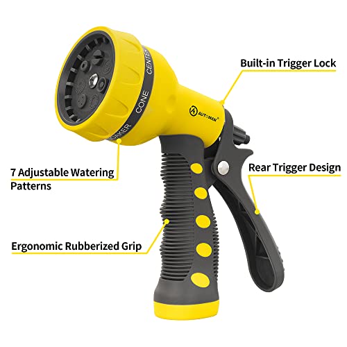 Image of AUTOMAN-Garden-Hose-Nozzle,ABS Water Spray Nozzle with Heavy Duty 7 Adjustable Watering Patterns,Slip Resistant for Watering Plants,Lawn& Garden,Washing Cars,Cleaning,Showering Pets - Yellow