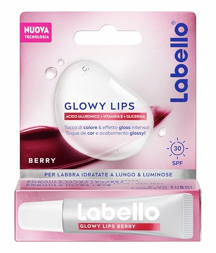 Labello Glowy Lips Berry + SPF 30 10 ml, Balsamo labbra colorato con effetto lip gloss intenso, Lucidalabbra con Acido Ialuronico + Vitamina E + Glicerina, Burrocacao labbra secche e screpolate