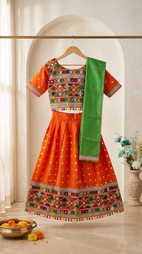 Image of AHHAAAA Girls Lehenga Choli with Dupatta, Kids Embroidered Chaniya Choli Set for Navratri Garba Dandiya Wedding Party Ethnic Outfit Y0045