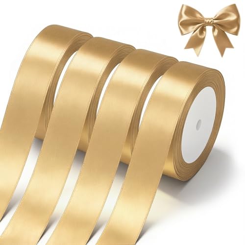 Satin Ribbon 1 Inch x 4 Rolls Wide Fabric Ribbon Gift Packaging Christmas Wedding Flower Bouquet Holiday Party Gold
