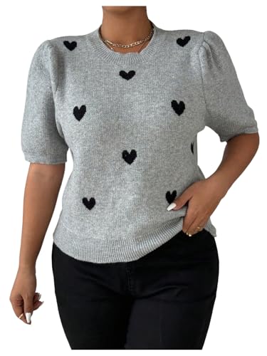 WDIRARA Women's Plus Size Heart Print Sweater Puff Short Sleeve Knitwear Ribbed Knit Pullover Tops