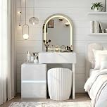 GLOSSIQUE Dressing Table - High Gloss Finish Vanity Desk and Stool | Modern LED Mirror Makeup Table for Bedroom Furniture (White)