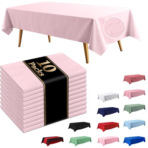 Image of FAGNBED 10 Pack Light Pink Disposable Tablecloth, 54×108 Inches Waterproof Plastic Rectangle Table Cover, Leakproof & Sturdy Table Cloth for Valentines Day, Mothers Day, Birthday Party Decoration