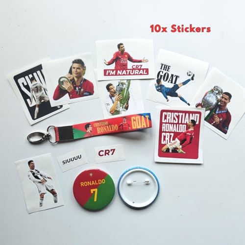 Image of TenorArts Cristiano Ronaldo Gift Box Merchandise for Fans - 5x7 Inches Laminated Photo Frame,1 Ronaldo Keychain, 1 Badge, 4 4x6 inches Sized Posters, Multi sized Players Stickers - 5 items in 1 Box | Perfect for Gifting Football Fans
