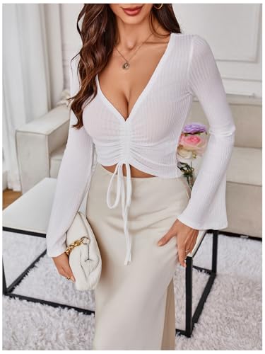 Image of SweatyRocks Women's Adjustable Drawstring String Long Bell Sleeve Rib Knit Sexy Crop Top