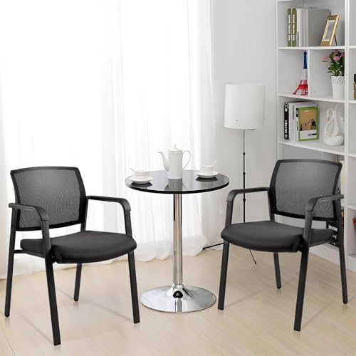 Image of CLATINA Guest Reception Stacking Office Chairs with Arm, Mesh Back Waiting Room Chair with Upholstered Fabric Seat and Ergonomic Lumbar Support for Office Conference School Church, Black-2 Pack
