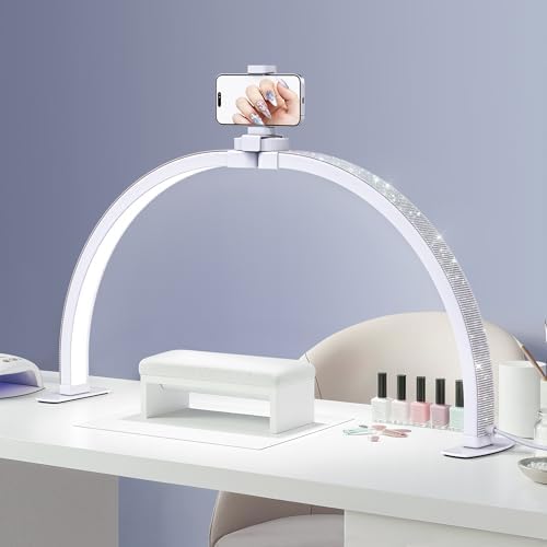 Half Moon Light for Nail Desk, Foldable Arch Nail lamp for Desk with Rhinestones,CRI≥90 LED with Phone Holder, Shadowless Table Lamp Perfect for Manicure Handicraft Lighting,White