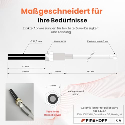 Keramikzünder für Pelletofen - Speziell für NORDICA EXTRAFLAME/SKIA/RAVELLI/DAL ZOTTO - 300 W, 89/94 mm, Ø 11,5 mm, Gewinde 3/8 mit Anschlüssen - PSX 6-240-B -1 Jahr Garantie