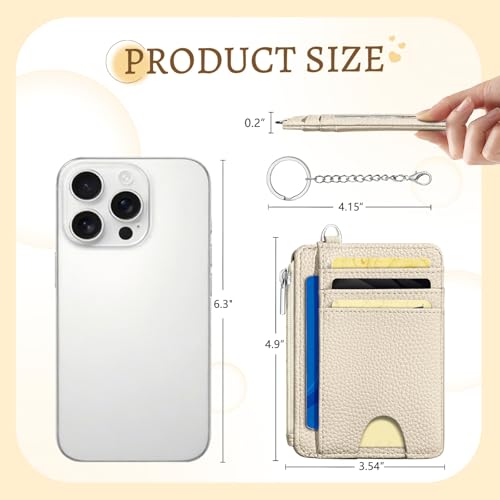 Image of Kelvoris Beige Credit Card Holder Small Wallet Women, Minimalist Slim RFID Blocking Wallet Woman Keychain with Zipper Coin Pocket, Front Pocket Thin Travel Card Case Organizer ID Window Ladies Gifts