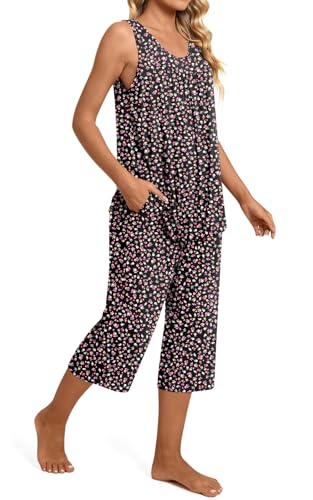Image of TAOHUADAO Womens Summer 2 Piece Pajama Sets, Sleeveless Tops with Capri Pants, Lounge Ladies Pjs Sets with Pockets