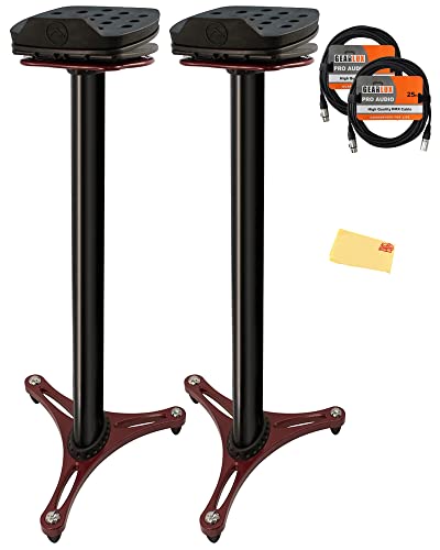 Ultimate Support MS-100R Studio Monitor Stand Pair in Red - Bundle with 2 Speaker Cables and Austin Bazaar Polishing Cloth