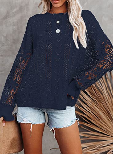 Image of Dokotoo Womens Crewneck Crochet Lace Long Sleeve Hollow Out Cable Knit Sweaters Pullover Tops