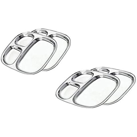 Satre Online and Marketing Oval Shape Plates Set of 4 Lunch Dinner Thali 3 Deep Compartments Stainless Steel Cover