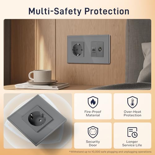 BSEED Schuko Steckdose mit 1/2 TV-Antenne Koaxial- und RJ55-Cat5e-Ethernet KristallGlas Platte Steckdose Glas Unterputz Steckdose 16A Steckdose Verl&auml;ngerungssteckdosen Wandsteckdose Grau 157mm