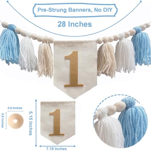 Image of First Birthday Party Decorations Blue Highchair Wood Bead Tassel Garland 1st Birthday Crown Cake Topper