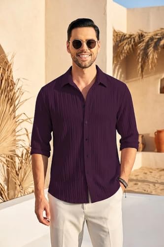 Image of DEELMO Men's Casual Button Down Shirts Long Sleeve Linen Shirt Fashion Textured Beach Summer Shirt