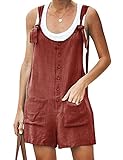 Hooever Women's Fashion Black Overalls Linen Cotton Rompers Shorts Shortalls (Winered#1-XL)