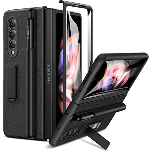 Caka for Samsung Galaxy Z Fold 3 Case with S Pen Holder & Stand, Galaxy Z Fold 3 Case with Screen Protector Magnetic Kickstand Luxury PU Leather Protective Phone Cover for Galaxy Z Fold 3 5G (Black)