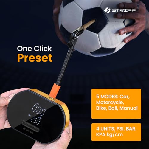 Image of STRIFF AirEdge Tire Inflator Portable with 2-in-1 Rechargeable & Corded Power, 150 PSI Tyre Inflator with Digital Display, Air Pump with LED & Auto ShutOff, Ideal for Car, Bike, Cycle and Ball