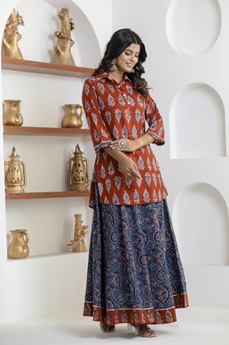 Image of KANNAHI Women Pure Cotton Blue and Rust Ethnic Motif Ajrakh Handblock Printed Kurta Set