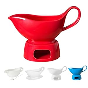 Qlans Porcelain gravy sauce boat with candle holder, 20 ounces, Used for turkey salad dressing, cream milk broth – Thanksgiving and Christmas dishes – Red