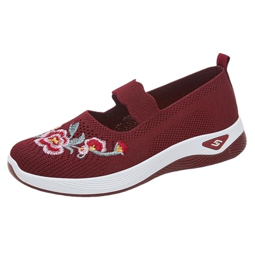 Slip On Sneakers - Zapatillas deportivas para mujer, color negro, con espuma viscoelástica, con flores, sin cordones, con flores, cómodas, informales, planas, transpirables, para caminar, rojo, 37 EU