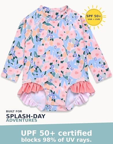 Image of VAENAIT BABY Girls One-Piece Swimsuit, UPF 50+ Long Sleeve Rash Guard, Ruffle Swimwear Infant & Toddler for 0-2 Years
