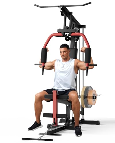 Multifunctional Home Gym Equipment with Lat Pulldown, Exercise Workout Station with Leg Press,Max 300LBS Capacity Home Gym Mahcine for Full Body Strength Training,Fit 1" & 2" Weight Plates(No Include)