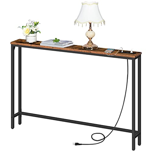 Hoobro 47.2" Skinny Console Table With Power Outlets, 5.9" Behind Couch Table With Charging Station, Narrow Sofa Table, Long And Thin Table For Entryway, Living Room, Rustic Brown Bf15Xg01G1 #TOP6