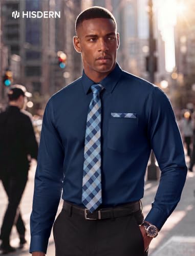 Image of HISDERN Mens Dress Shirt with Tie Pocket Square Set Classic Button Down Shirt Matching Tie Long Sleeve Shirts