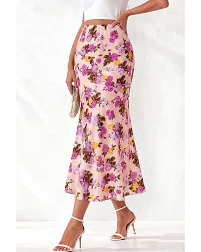 Image of BTFBM Satin Skirts for Women Trendy 2026 Summer Fall | High Waisted A-Line Leopard Print,Floral Print, Business Casual,Cocktail,Wedding Guest,Long Silk Midi Skirt