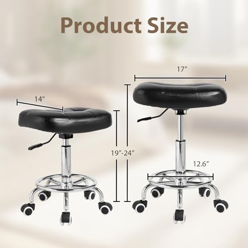 Image of Rolling Stool Wider Rectangular Cushion - Provides a Comfortable, Stable Support Surface with Loop Footrest for Leg Support, Adjustable Stool with Wheels for Salon Tattoo Massage Office Home (Black)