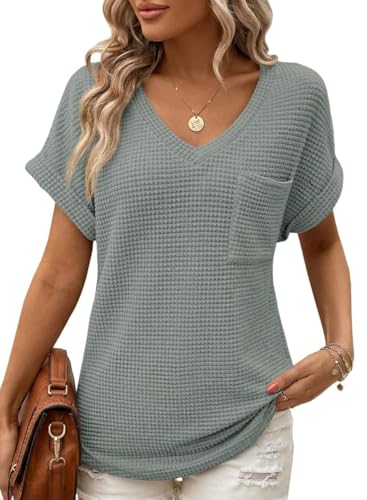 Chicrise Tunika Damen Basic Lang Sommertop Baggy Einfach Taschen Vielfältig Oberteile Modische Lässig Erbsengruen Groß 42-44 L