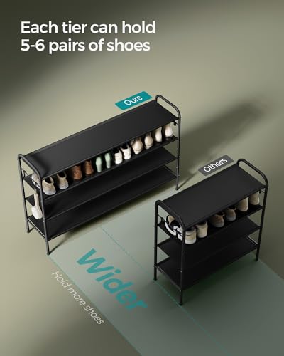 SONGMICS Shoe Rack, 4-Tier Shoe Organizer, Fabric Shoe Shelf Storage with 4 Hooks, Holds up to 24 Pairs of Shoes, Height-Adjustable Shoe Rack for Entryway, Hallway, Closet, Easy Assembly, Ink Black