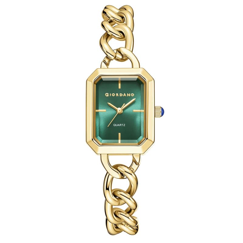 Image of Giordano Elegant Watch for Women with Gloss Sunray Dial, Quartz Movement, Rectangular Case, Stainless Steel Chain Strap and Blue Crown Accent
