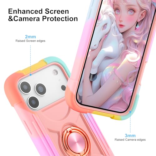 Image of MARKILL Compatible with iPhone with Built-in 360Rotating Ring Stand, Military Grade Drop Protection Full Body Rugged Heavy Duty Case Durable Cover (Rainbow Pink, iPhone 17 Pro)